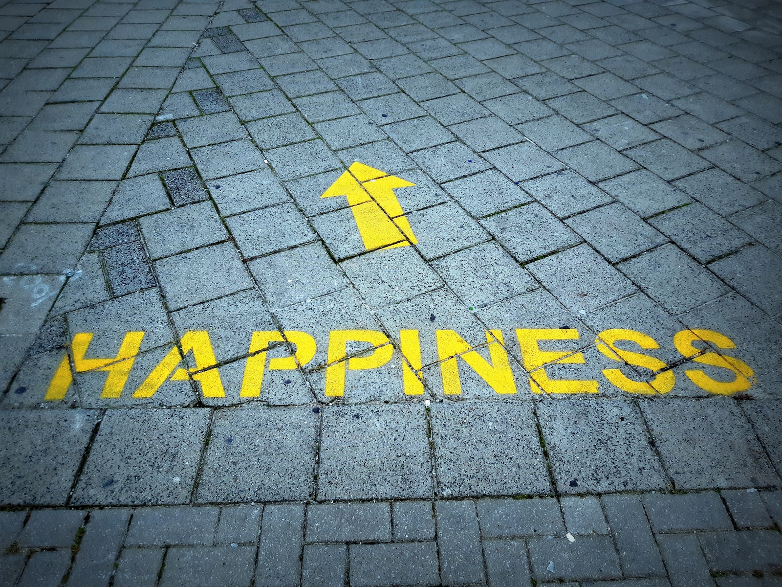 a brick sidewalk with a yellow arrow painted on it