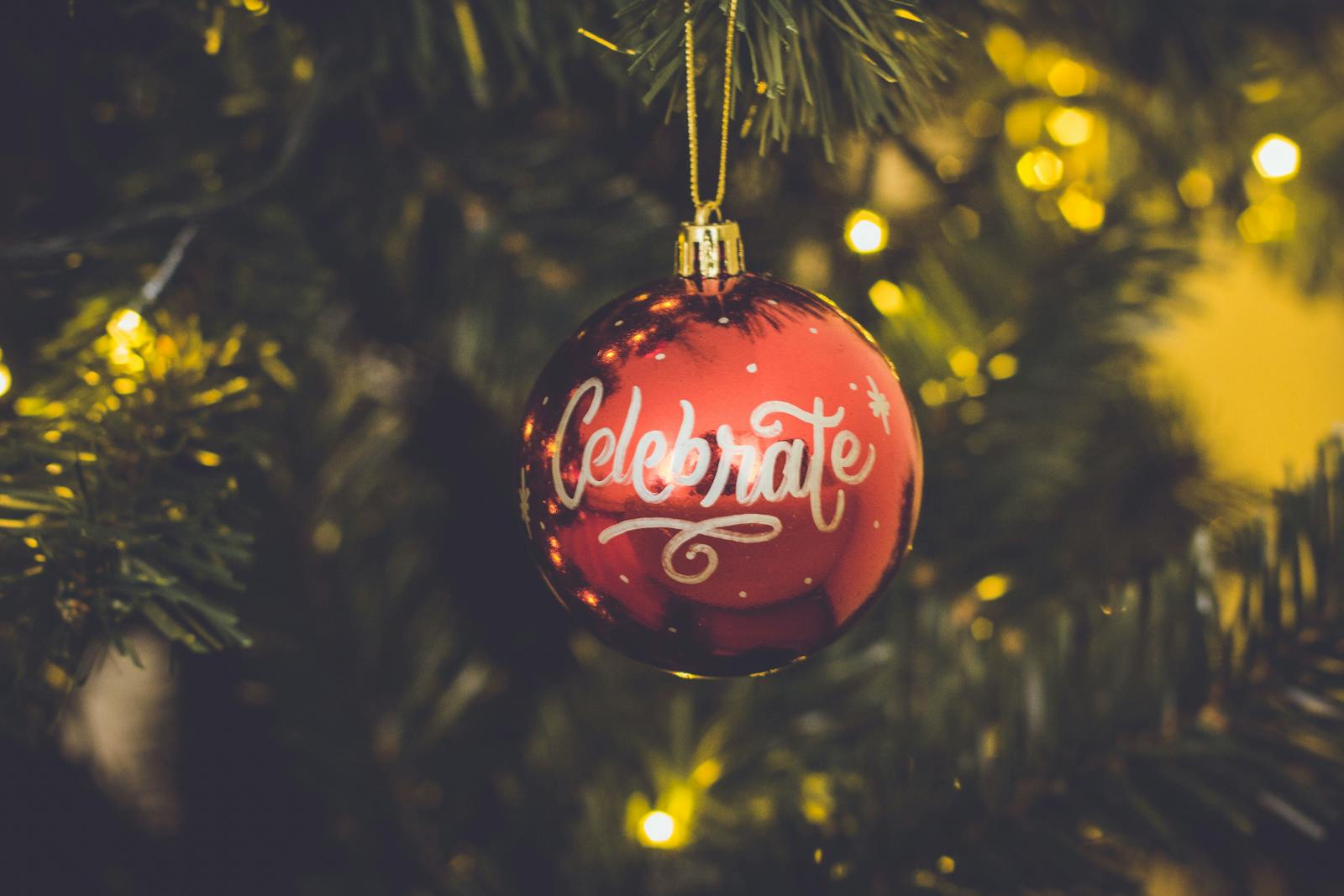Photo by Nubia Navarro (nubikini) Close-up of a red Christmas ornament with 'Celebrate' text hanging on a decorated tree branch.